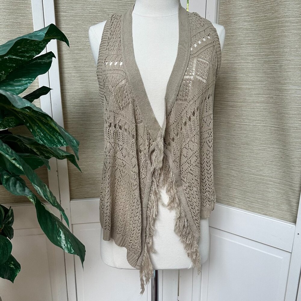 T/O Crochet Fringe Vest Medium Taupe Open Knit Boho Drape Cardigan